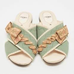 Pre Owned Fendi Beige/Green Fabric Crisscross Bow Flat Slides Size 38