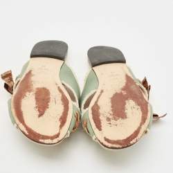 Pre Owned Fendi Beige/Green Fabric Crisscross Bow Flat Slides Size 38