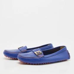 Pre Owned Fendi Blue Leather FF Buckle Slip On Loafers Size 40