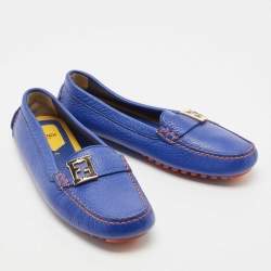 Pre Owned Fendi Blue Leather FF Buckle Slip On Loafers Size 40