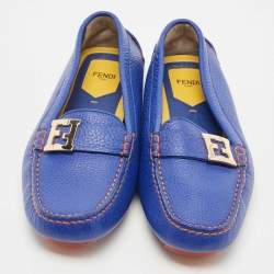 Pre Owned Fendi Blue Leather FF Buckle Slip On Loafers Size 40