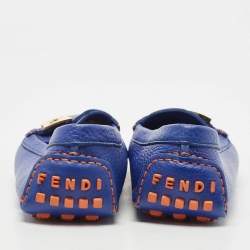 Pre Owned Fendi Blue Leather FF Buckle Slip On Loafers Size 40