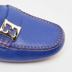 Pre Owned Fendi Blue Leather FF Buckle Slip On Loafers Size 40