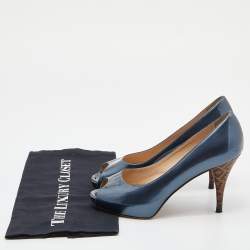 Pre Owned Fendi Blue Patent Leather Peep Toe Platform Pumps Size 36