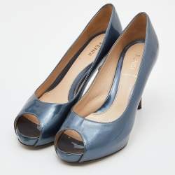 Pre Owned Fendi Blue Patent Leather Peep Toe Platform Pumps Size 36