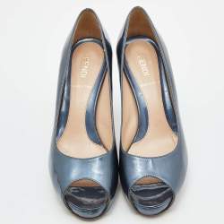 Pre Owned Fendi Blue Patent Leather Peep Toe Platform Pumps Size 36