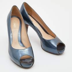 Pre Owned Fendi Blue Patent Leather Peep Toe Platform Pumps Size 36
