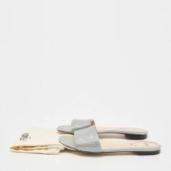 Pre Owned Fendi Grey Satin Logo Embroidered  Flat Slides Size 39.5