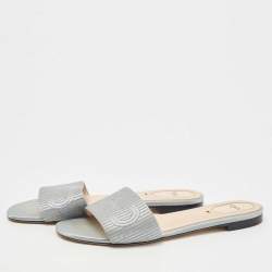 Pre Owned Fendi Grey Satin Logo Embroidered  Flat Slides Size 39.5
