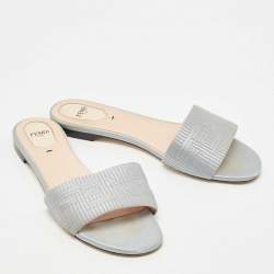 Pre Owned Fendi Grey Satin Logo Embroidered  Flat Slides Size 39.5