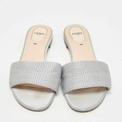 Pre Owned Fendi Grey Satin Logo Embroidered  Flat Slides Size 39.5