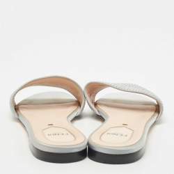 Pre Owned Fendi Grey Satin Logo Embroidered  Flat Slides Size 39.5