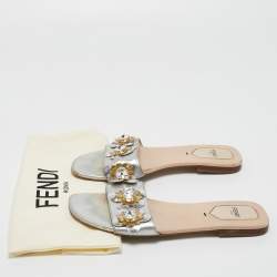 Pre Owned Fendi  Metallic Silver Leather Flowerland Flat Slides Size 38