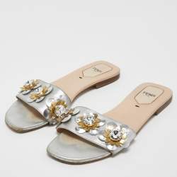 Pre Owned Fendi  Metallic Silver Leather Flowerland Flat Slides Size 38
