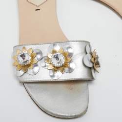 Pre Owned Fendi  Metallic Silver Leather Flowerland Flat Slides Size 38