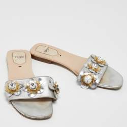 Pre Owned Fendi  Metallic Silver Leather Flowerland Flat Slides Size 38