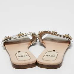 Pre Owned Fendi  Metallic Silver Leather Flowerland Flat Slides Size 38