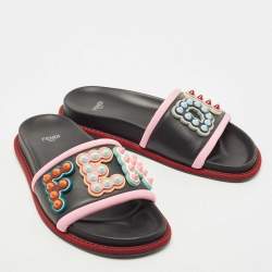 Pre Owned Fendi Black/Pink Leather and Fabric Studded Logo Flat Slides Size 38