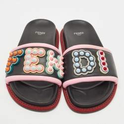 Pre Owned Fendi Black/Pink Leather and Fabric Studded Logo Flat Slides Size 38