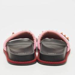 Pre Owned Fendi Black/Pink Leather and Fabric Studded Logo Flat Slides Size 38
