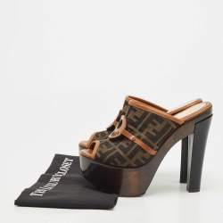 Fendi Brown Zucca Canvas And Leather Platform Slide Sandals Size 37.5