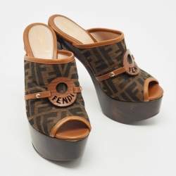 Fendi Brown Zucca Canvas And Leather Platform Slide Sandals Size 37.5