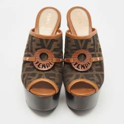 Fendi Brown Zucca Canvas And Leather Platform Slide Sandals Size 37.5
