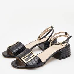 Fendi Black Croc Embossed Leather Promenade Ankle Strap Sandals Size 38.5 