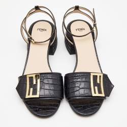 Fendi Black Croc Embossed Leather Promenade Ankle Strap Sandals Size 38.5 