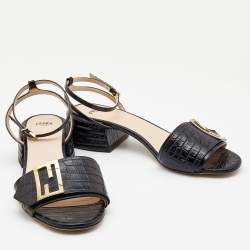 Fendi Black Croc Embossed Leather Promenade Ankle Strap Sandals Size 38.5 