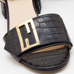 Fendi Black Croc Embossed Leather Promenade Ankle Strap Sandals Size 38.5 