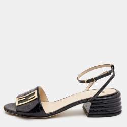 Fendi Black Croc Embossed Leather Promenade Ankle Strap Sandals Size 38.5 