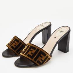 Pre Owned Fendi Brown Velvet FF Logo Slide Sandals Size 40