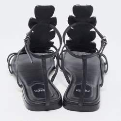 Pre Owned Fendi Black Leather Crystal Embellished Strappy Ankle Strap Flat Sandals Size 37.5