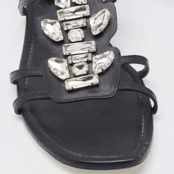 Pre Owned Fendi Black Leather Crystal Embellished Strappy Ankle Strap Flat Sandals Size 37.5