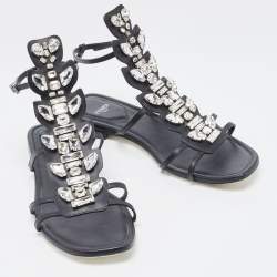 Pre Owned Fendi Black Leather Crystal Embellished Strappy Ankle Strap Flat Sandals Size 37.5