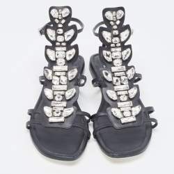 Pre Owned Fendi Black Leather Crystal Embellished Strappy Ankle Strap Flat Sandals Size 37.5