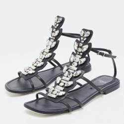 Pre Owned Fendi Black Leather Crystal Embellished Strappy Ankle Strap Flat Sandals Size 37.5