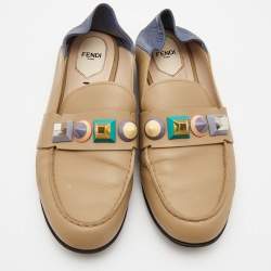 Pre Owned Fendi Brown/Blue Leather Studded Loafers Size 39