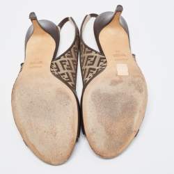 Pre Owned Fendi Brown Leather and Zucca Canvas Open Toe Slingback Sandals Size 39