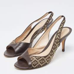 Pre Owned Fendi Brown Leather and Zucca Canvas Open Toe Slingback Sandals Size 39