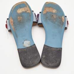 Fendi Blue Leather Embellished Flowerland Flats Slides Size 39