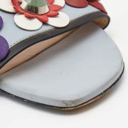 Fendi Blue Leather Embellished Flowerland Flats Slides Size 39