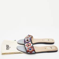 Fendi Blue Leather Embellished Flowerland Flats Slides Size 39