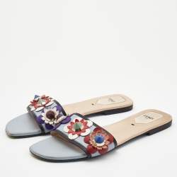 Fendi Blue Leather Embellished Flowerland Flats Slides Size 39
