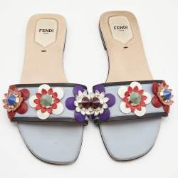 Fendi Blue Leather Embellished Flowerland Flats Slides Size 39