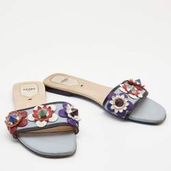Fendi Blue Leather Embellished Flowerland Flats Slides Size 39
