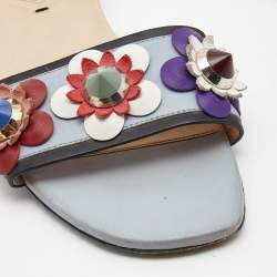 Fendi Blue Leather Embellished Flowerland Flats Slides Size 39