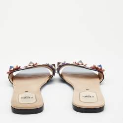 Fendi Blue Leather Embellished Flowerland Flats Slides Size 39