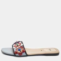 Fendi Blue Leather Embellished Flowerland Flats Slides Size 39